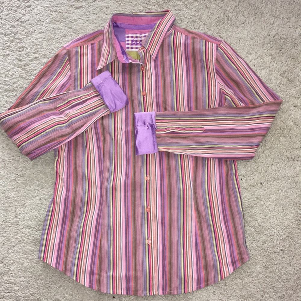 ROBERT GRAHAM striped fitted button blouse top
